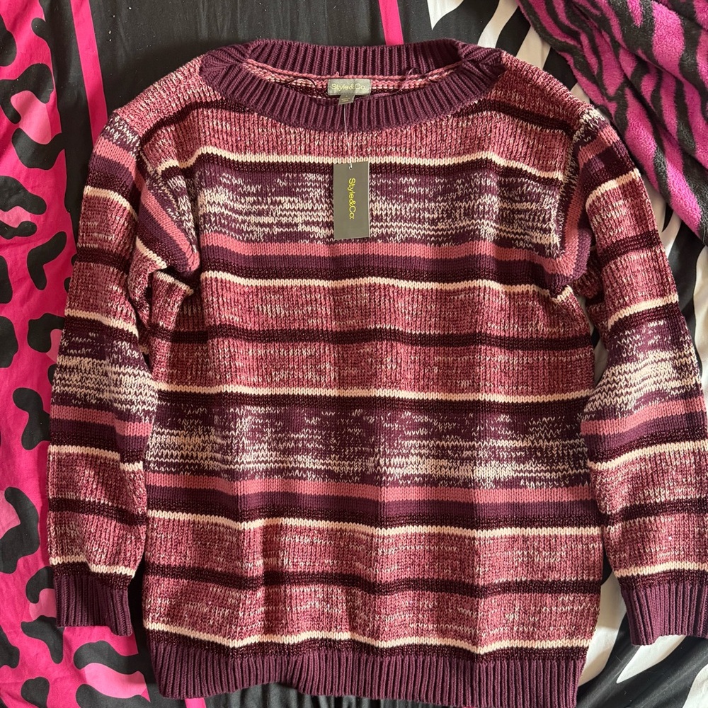 Style and Co. Striped Sweater - Burgundy and Pink